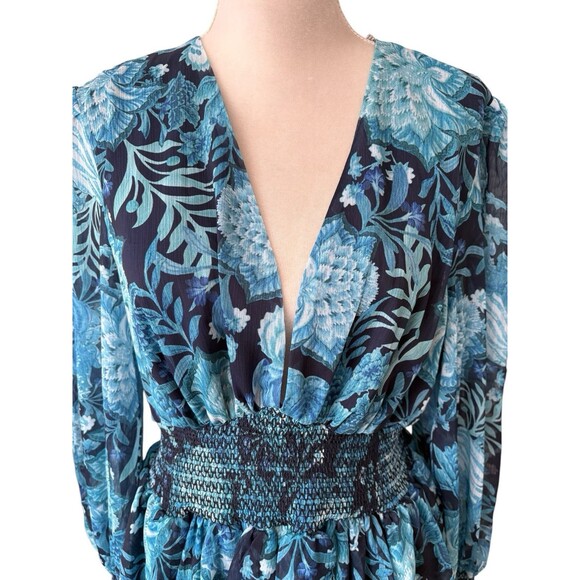 L'Atiste by Amy Layered Ruffle Tiered Dress Blue Floral Women's 1X Sheer Sleeves - Picture 12 of 16